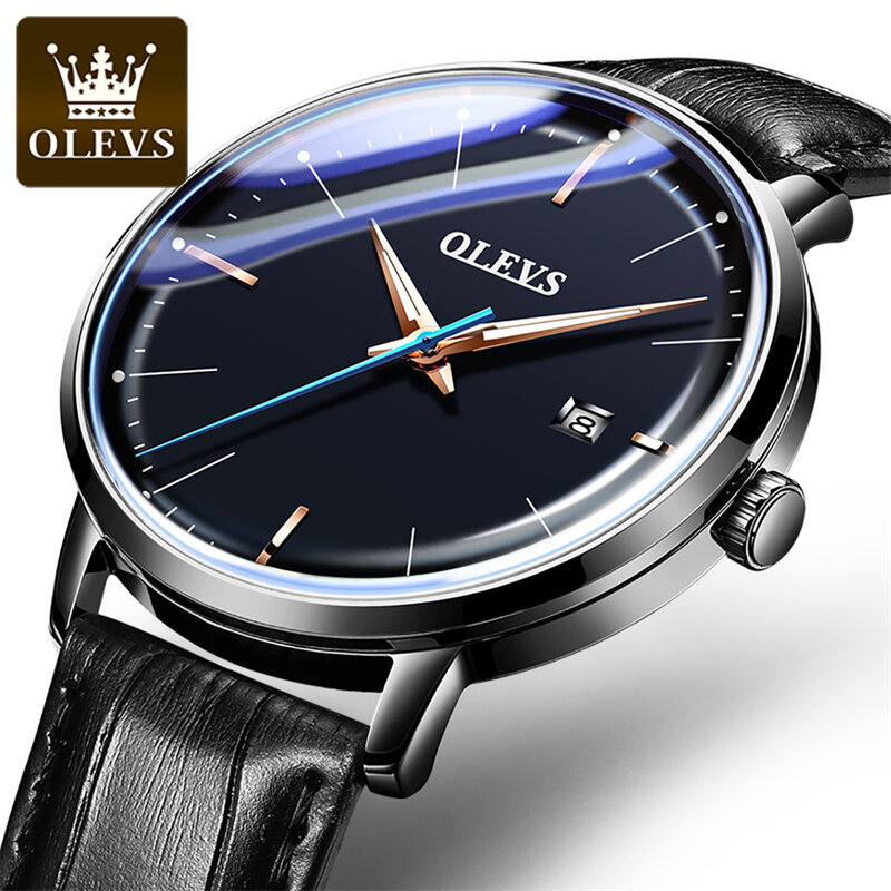 ساعة OLEVS ميكانيكية مقاومة للماء للرجال ، حزام جلدي ، ساعة تقويم ، أزياء فاخرة ، علامة تجارية مشهورة