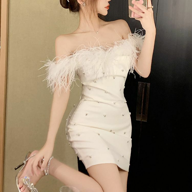 فستان صيفي مثير للنساء من Yuxinfeng مزود بخرزات ثقيلة باللون الأبيض من الريش فستان حفلات مكشوف الكتفين مثير بدون ظهر أنيق للمساء #2