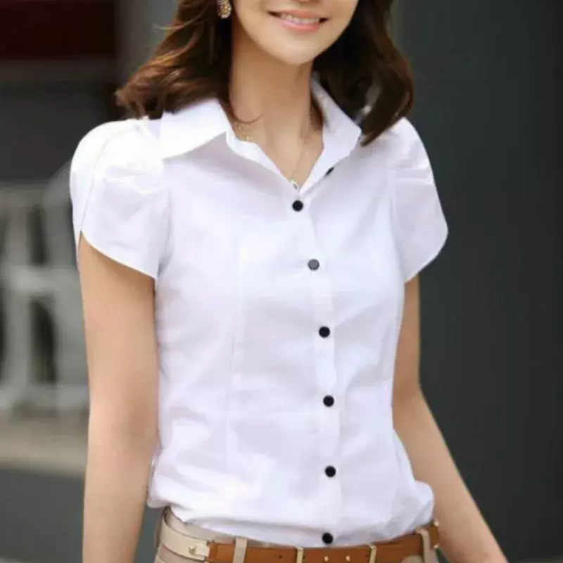 JFUNCY-قميص بأكمام قصيرة للنساء ، بلوزة نسائية ، بلوزة نسائية ، أبيض وأسود ، ملابس عمل ، الصيف ، OL ،