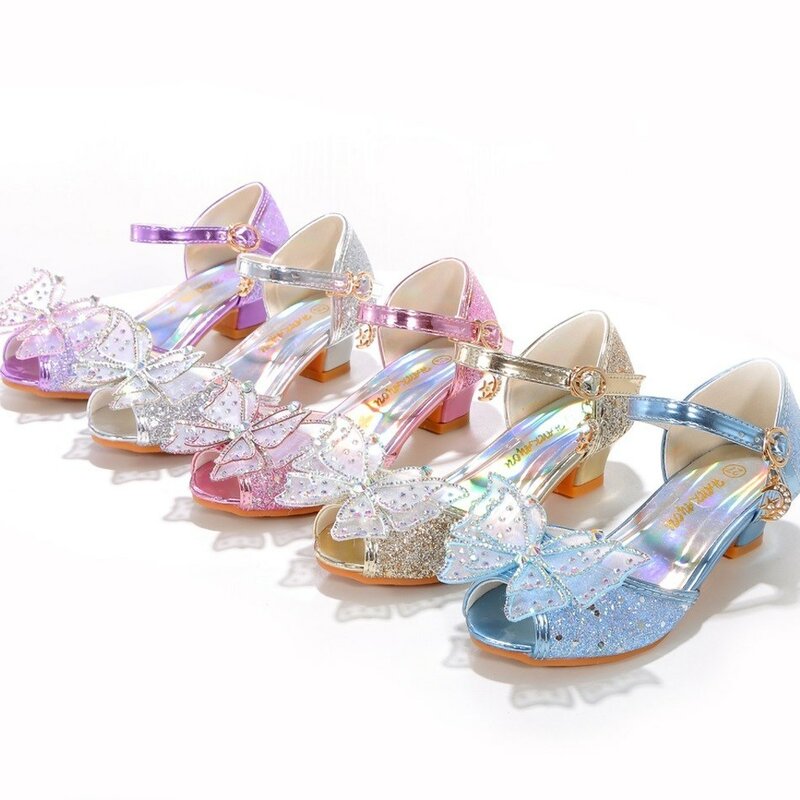 حذاء سندريلا للبنات بكعب عال للأطفال فستان الأميرات الحفلات الأوتاد الجلدية للأطفال فراشات سهلة الارتداء للزفاف راقصة الباليه بدون كعب