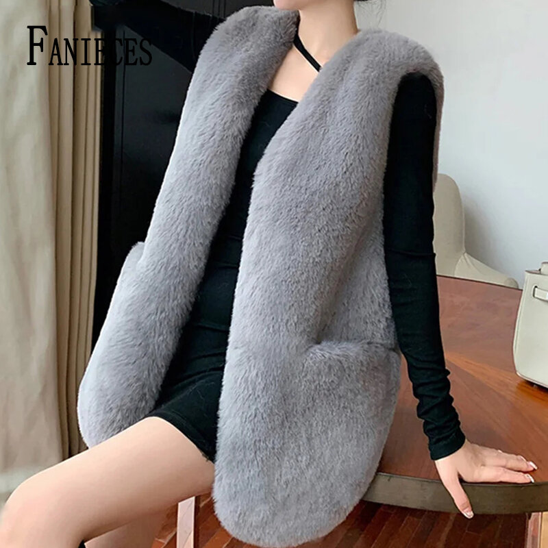 فانيسيس-معطف نسائي من الفرو مع جيوب ، معطف دافئ ثعلب صناعي ، معطف فاخر ، جودة عالية ، موضة شتوية