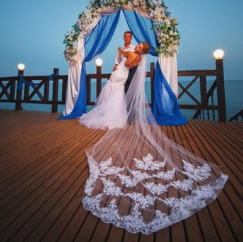 الحجاب الزفاف كاتدرائية الدانتيل طويل الفوال Mariage الأبيض العاج العروس اكسسوارات الزفاف طبقة واحدة 3 متر Veu De Noiva Longo