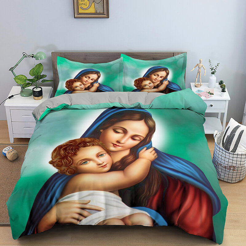 يسوع المسيح طقم سرير لينة لحاف من الألياف الدقيقة غطاء المعزي غطاء الملكة الملك الحجم المفارش مع سادات مجموعة