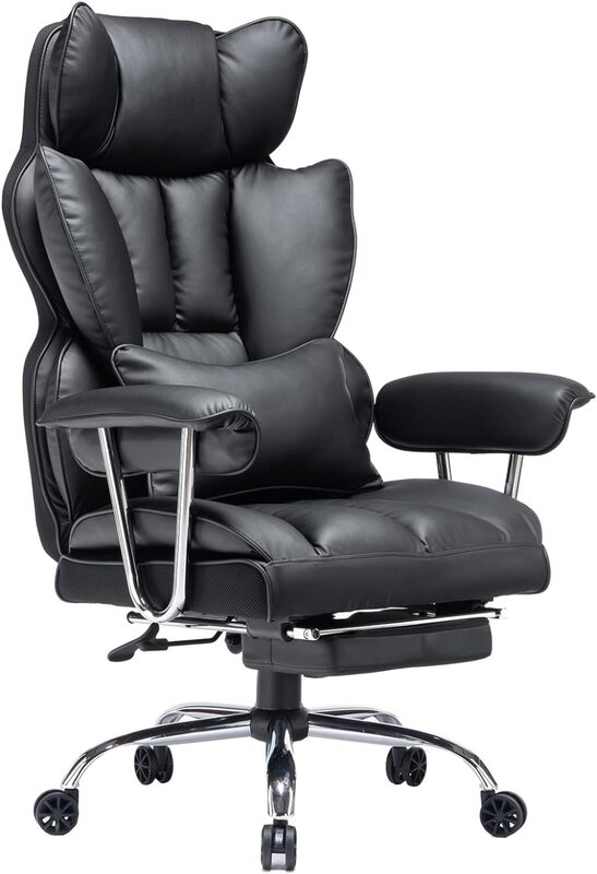 كرسي مكتب من الجلد الصناعي مع مسند الساق ودعم أسفل الظهر ، كرسي كمبيوتر كبير بظهر عالٍ ، مكتب تنفيذي ، أسود ، 400 رطل