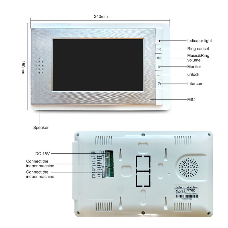 7 بوصة السلكية الفيديو باب الهاتف الداخلي داخلي رصد TFT-LCD شاشة ملونة اتجاهين التحكم الصوتي فتح لأمن الوطن