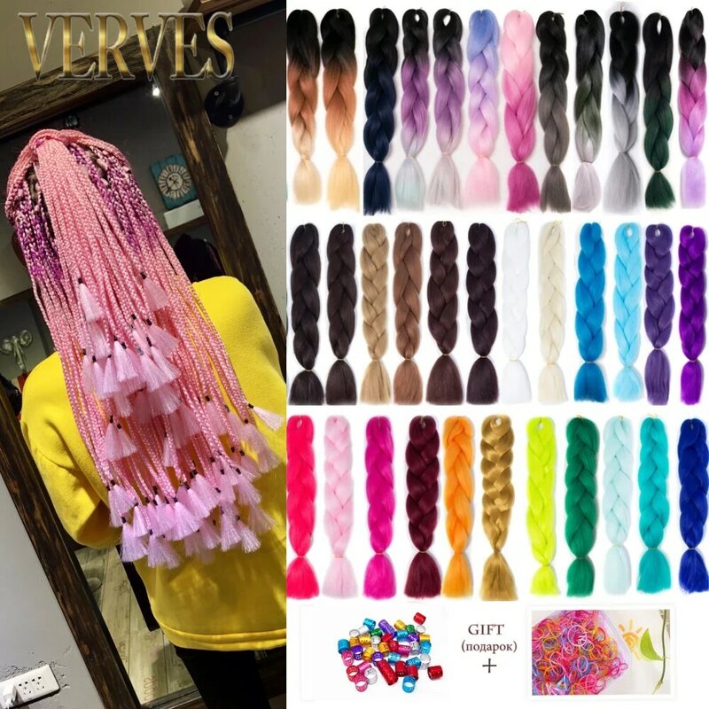 Verves-جديلة ضخمة اصطناعية للنساء ، لون أومبير ، تجديل الشعر ، وصلة كانيكالون ، المرأة الآسيوية ، الأحمر ، الوردي ، الأزرق ، 24 بوصة ، g لكل جهاز كمبيوتر