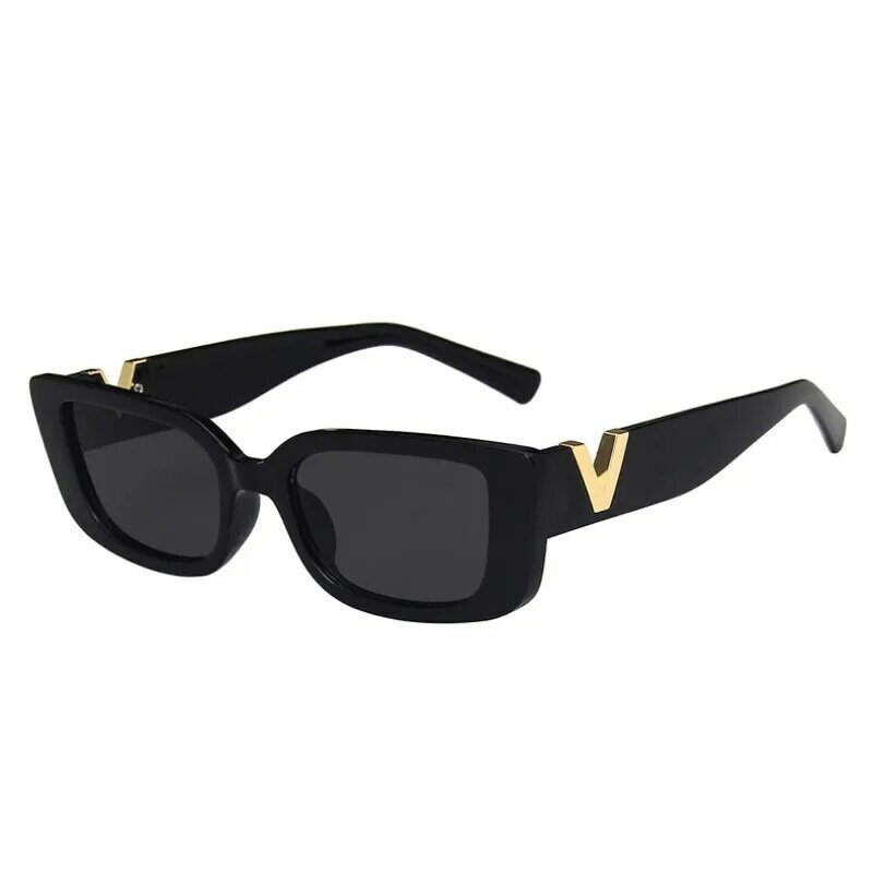 النظارات الشمسية مستطيل الرجعية للنساء ، نظارات شمسية إطار صغير ، مربع أسود كلاسيكي ، مصمم العلامة التجارية ، Vintage ، السيدات