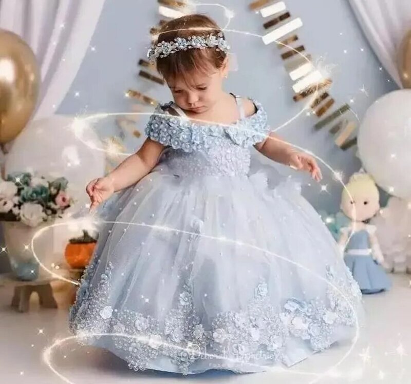 فستان بناتي للأطفال بدون أكتاف مرصع باللؤلؤ والرباط وفساتين الزهور للبنات الرضع فستان حفلة عيد الميلاد الأول