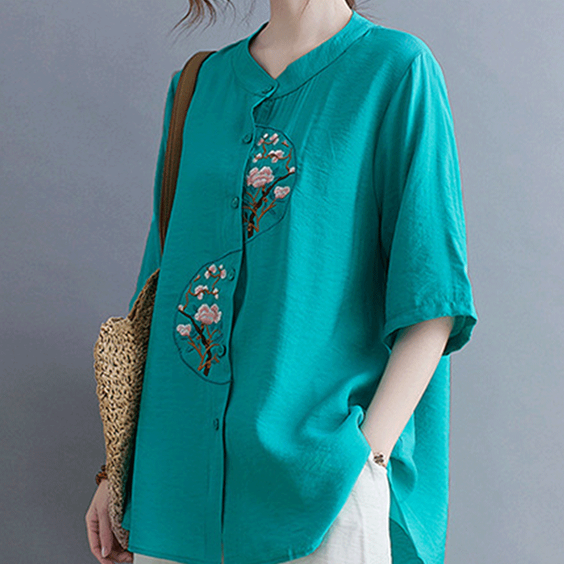 قميص صيفي نسائي على الطراز الصيني كلاسيكي ، أزياء أنيقة بسيطة ، زر كتان قطني ، غرزة مفتوحة ، رقبة دائرية ، أكمام قصيرة ، قمم Y2K