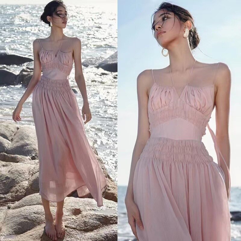 Fairy Temperament Niche Pink Suspender Dress Spring And Summer New Pleated Waist Thin Long Skirt Women's New