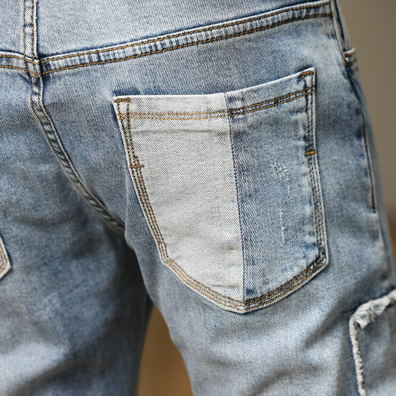 جينز رجالي مطاطي أزرق فاتح ، أزياء الشارع الشهير ، سراويل جينز مطاطية ، مصمم مرقع ، مرن ، هيب هوب
