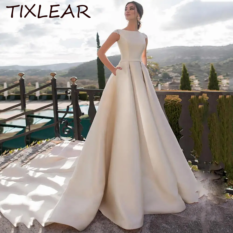 فستان زفاف من TIXLEAR-A-Line للنساء ، بسيط ، ساحر ، وهم ذو رقبة دائرية ، زينة دانتيل ، زر مغطى ، قطار محكمة