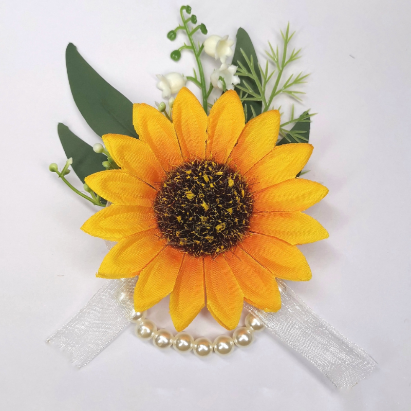 BAIFUMINGYI عباد الشمس الاصطناعي الزهور المعصم الصدار وصيفة الشرف العريس الزفاف Boutonniere Mariage أوم