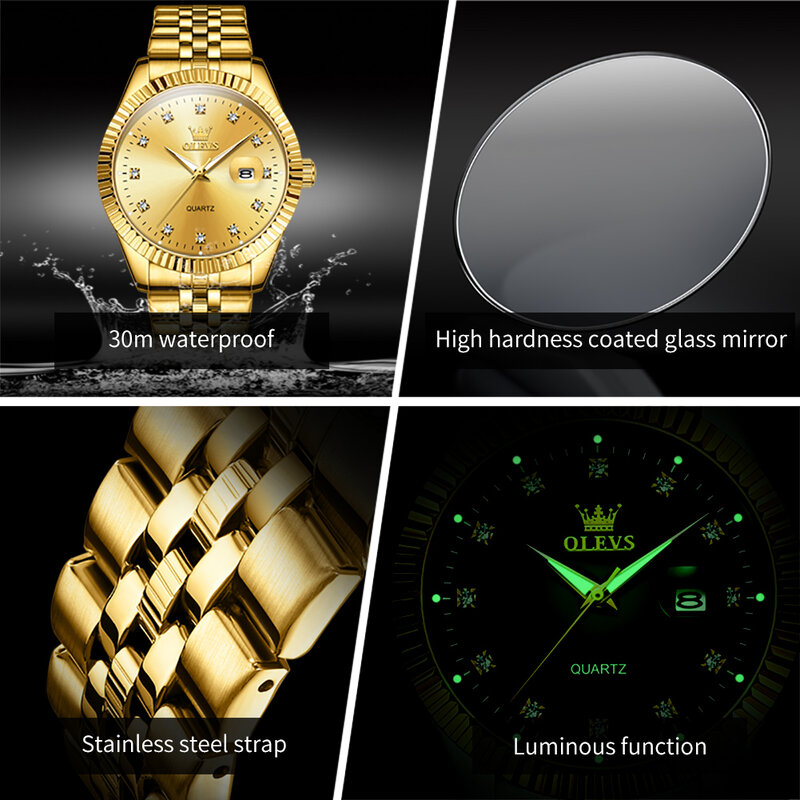 ساعة أوليف-كوارتز ذهبية للرجال من الفولاذ المقاوم للصدأ ، ساعة يد رياضية مقاومة للماء ، ساعات فاخرة ، علامة تجارية مشهورة