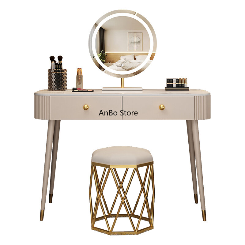 طاولة تزيين البراز بمرآة بسيطة مع درج تخزين ، طاولة زينة حديثة ، أثاث خشبي ، غرفة نوم HY