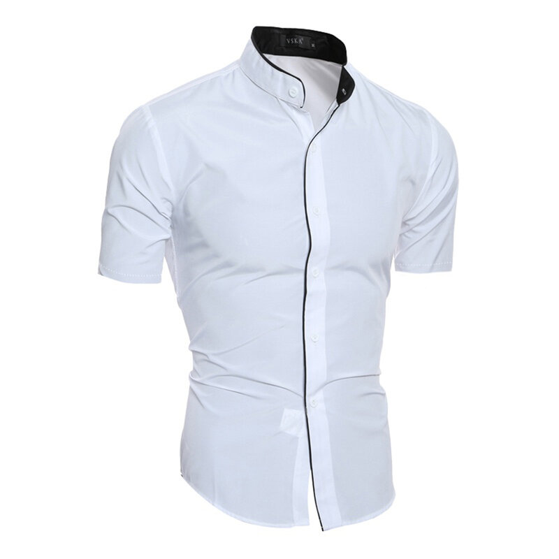 الرجال قمصان صيفية زر أسفل قصيرة الأكمام الأعمال قمصان عادية موضة الوقوف طوق سليم صالح القطن قميص تي شيرت أبيض