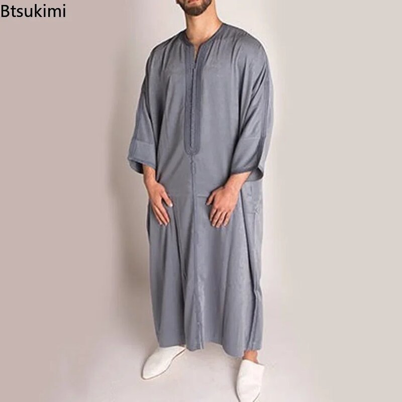 دائم قفطان العربية مسلم رداء الرجال Jubba ثوب طويل الأكمام دبي الإسلامية العرقية ثوب النوم موضة فضفاضة ملابس غير رسمية