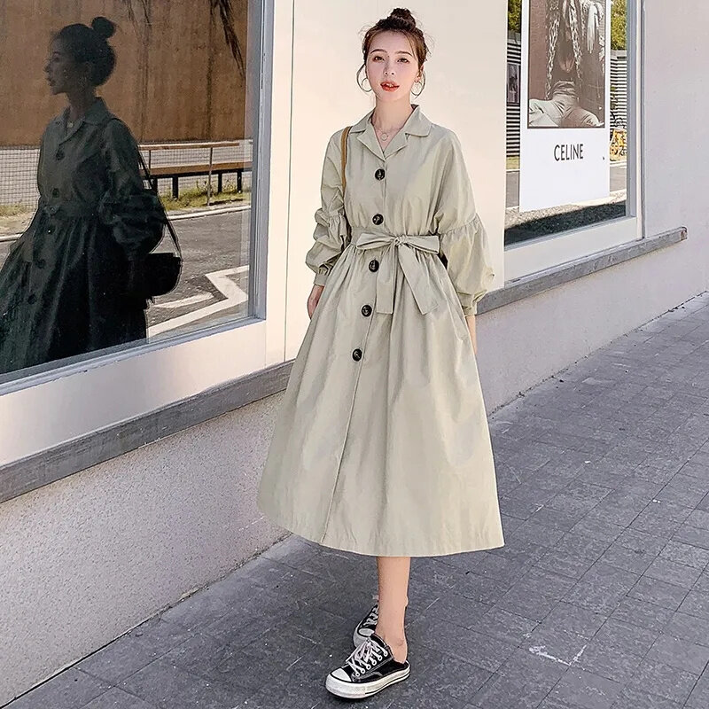 Windbreaker Coat Female Mid-Length Early Spring Autumn 2022 New Women Coat Korean Version Loose Lantern Sleeve Coat Suit Collar
