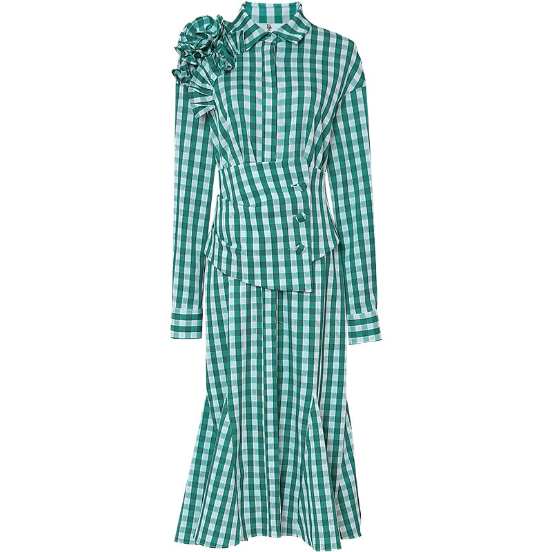 منقوشة فستان مكشكش ربيع جديد الموضة ثلاثة الأبعاد زهرة نمط حزام منتصف طول الأخضر منقوشة قميص ذيل السمكة