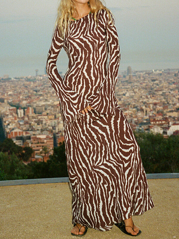 فستان طويل الأكمام بوهو نسائي ، طباعة حمار وحشى زهري ، كفة واسعة ، كشكشة ، ياقة دائرية غير رسمية ، فستان بخط ، ملابس الشارع ، Y2k