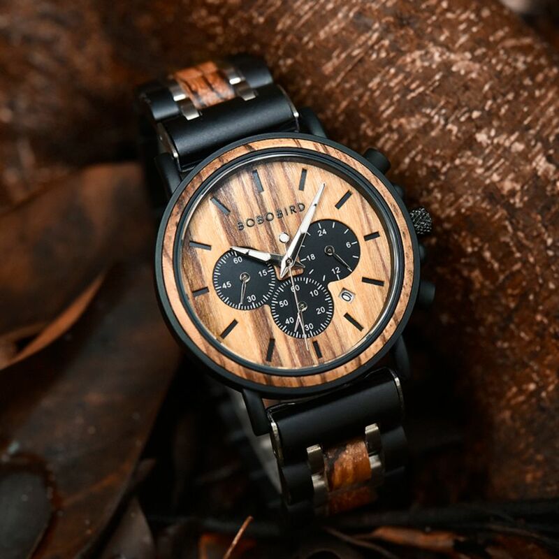 BOBO BIRD ساعة رجالية فاخرة صناعة يدوية خشبية ساعة اليد الأبنوس كرونوغراف ساعة توقيت تاريخ عرض شعار مخصص دروبشيبينغ