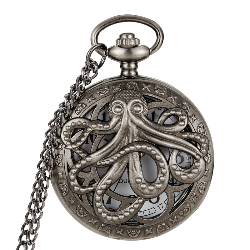 2023 Retro Octopus Hollow Half Hunter Quartz Pocket Watch Vintage Grey/Bronze Necklace Pendant Clock for Kids Men Women reloj