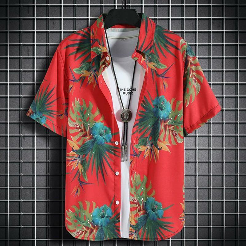 طقم قميص وسروال قصير على الطراز هاواي للرجال ، طباعة أوراق استوائية ، ياقة طية صدر ، خصر برباط