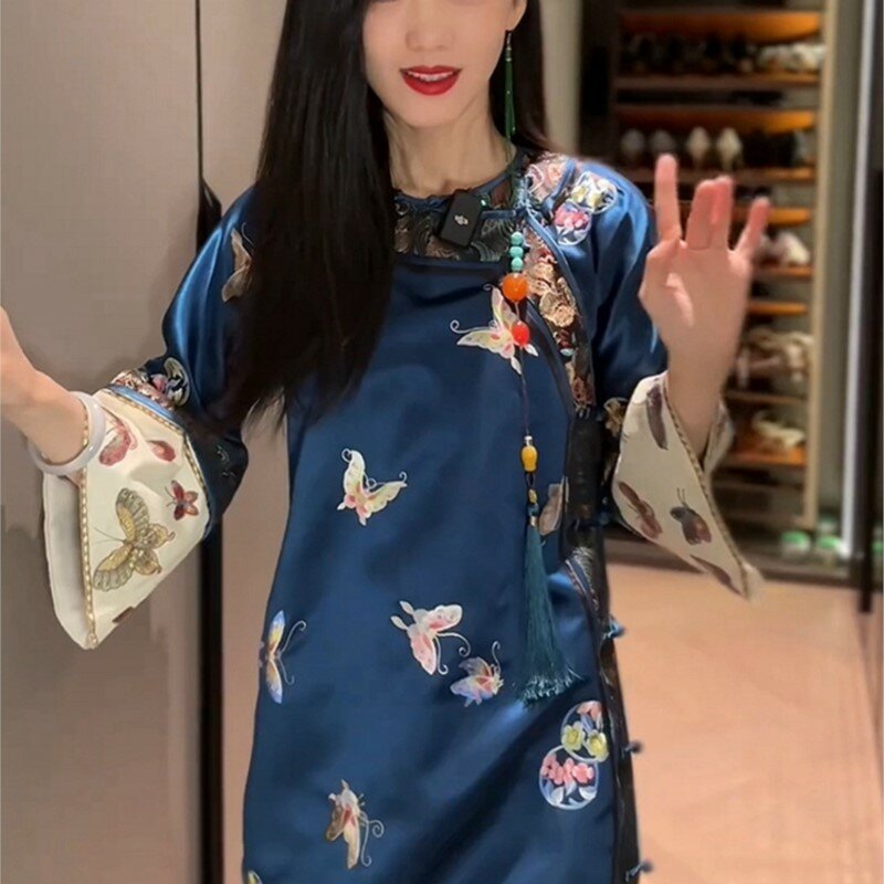 شيونغسام على الطراز الصيني للنساء ، فستان أزرق طويل ، عصري ، أنيق ، جديد
