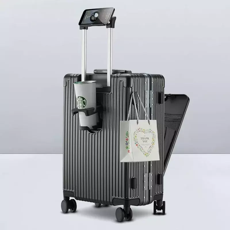 حقيبة سفر متعددة الوظائف ، إطار ألومنيوم ، علبة قضيب سحب ، منفذ شحن USB ، حامل أكواب قابل للطي ، حقيبة صعود