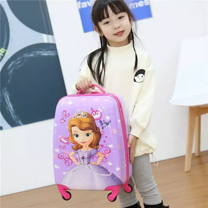 حقيبة سفر من Disney مقاس 18 بوصة مزودة بعجلات حقائب سفر كرتونية للأطفال حقائب بعجلات لحمل الأمتعة على شكل عربة