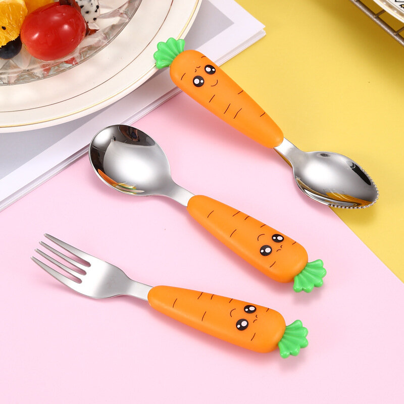 Baby Tableware Fork Spoon Stainless Steel Cute Cartoon Radish Children Tableware Puree Spoon Complementary Food Tableware