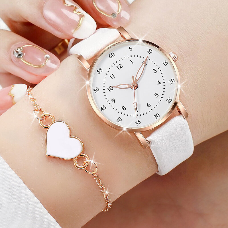 ساعة تشبيه بحزام من الجلد للنساء ، مجموعة مجوهرات قلب الحب ، الموضة ، 5 من كل مجموعة