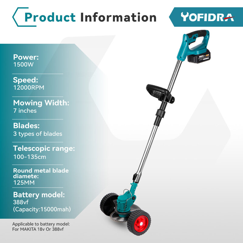 Yofidra-اللاسلكي الكهربائية المحمولة جزازة العشب ، حديقة العشب الانتهازي ، طول قابل للتعديل ، ماكيتا 18 فولت البطارية ، 2 بطاريات