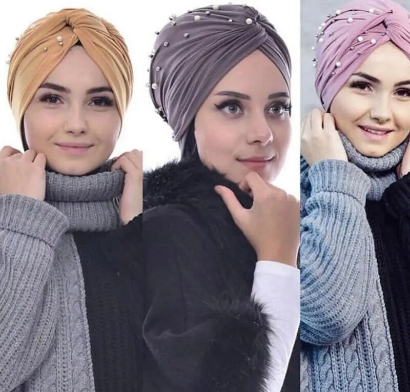 تركيا الملتوية عمامة قبعة المرأة الخرز أشرطة رأس بسط حجاب إسلامي بونيه الإسلام الحجاب العمائم