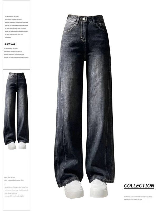 جينز نسائي فضفاض قوطي أسود ، جمالي عتيق 90s ، بنطلون رعاة البقر كبير الحجم ، بنطلون جينز إيمو هاراجوكو ، ملابس عصرية ، Y2k