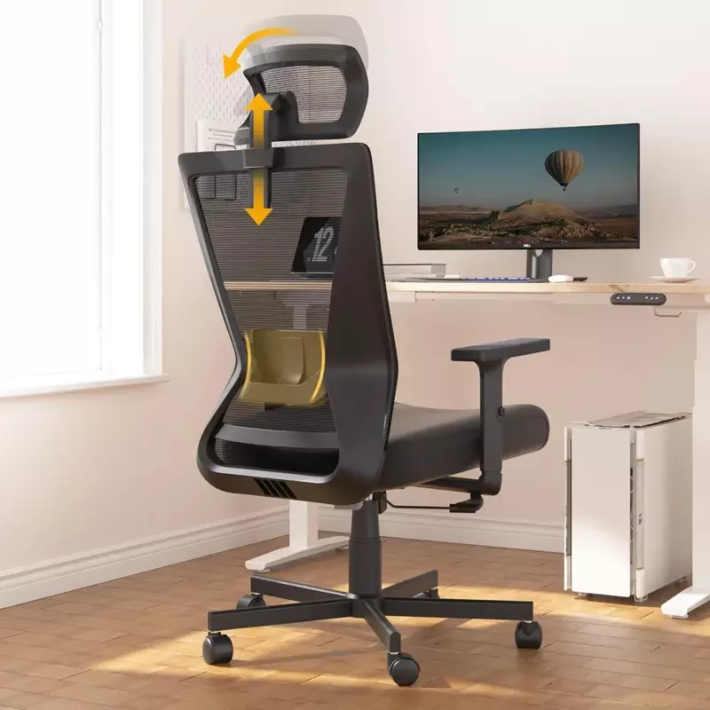 كرسي مكتب مريح مع دعم قطني ، كراسي شبكية للكمبيوتر ، مسند رأس قابل للتعديل ، مسند ذراع ثنائي الإبر ، كرسي دوار