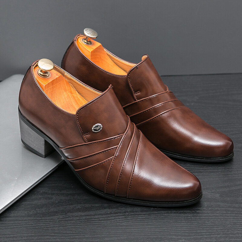 حذاء رجالي بكعب عالٍ من الجلد الصناعي ، أحذية رسمية كلاسيكية ، أحذية أكسفورد رسمية ، كاجوال ، عمل ، مكتب ، حفلة
