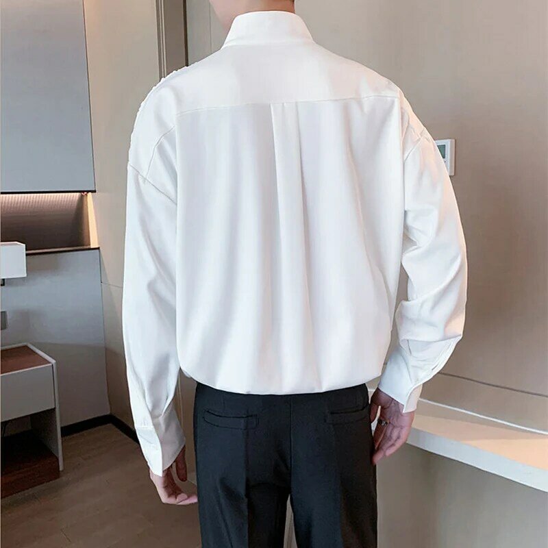 تصميم حزام الخامس الرقبة الرجال طويلة الأكمام تي شيرت الكورية موضة عادية Harajuku فاسق المتضخم القمم المحملة أسود أبيض مكتب مقابلة