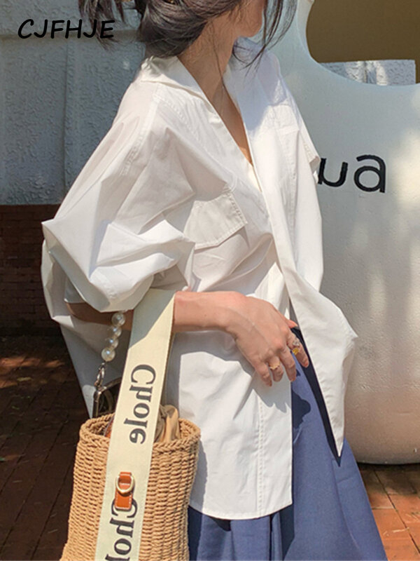 CJFHJE جديد الأبيض المرأة قميص الصيف الكورية أنيقة مكتب سيدة البلوزات عادية خمر كم طويل القطن المعتاد قمصان فضفاضة