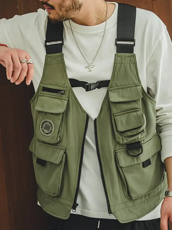 Maden الرجال متعددة جيب التكتيكية سترة سترة وحقيبة اليابان الرجعية متعددة الوظائف التصوير صدرية واسعة حزام الكتف الصلبة حقيبة