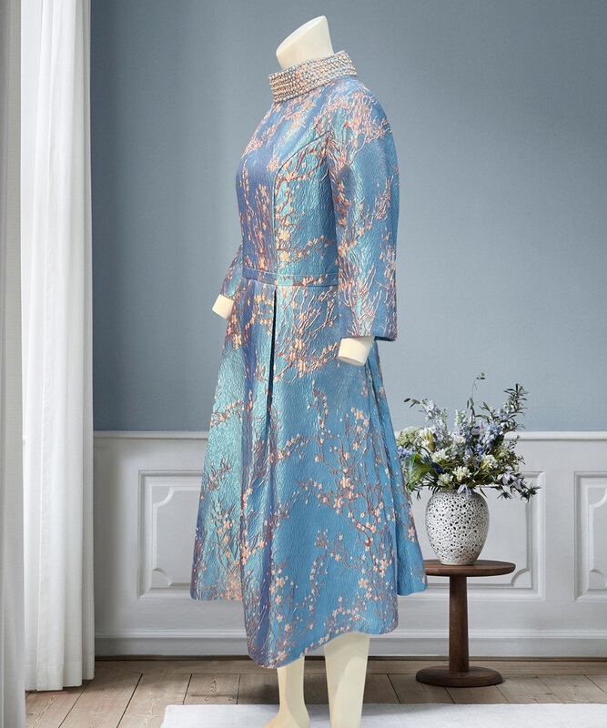 فستان مطرز مخصص للعروس ، فساتين سهرة زرقاء ، رقبة مستديرة ، فستان زفاف ، متجر خياط