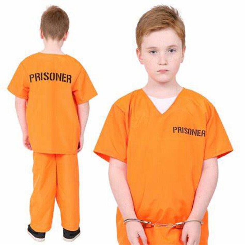 سجين برتقالي زي للأطفال ، بذلة ، الزي Jailbird ، كرنفال ، هالوين لعب الأدوار ، مجموعة زي سجين ، شخصية