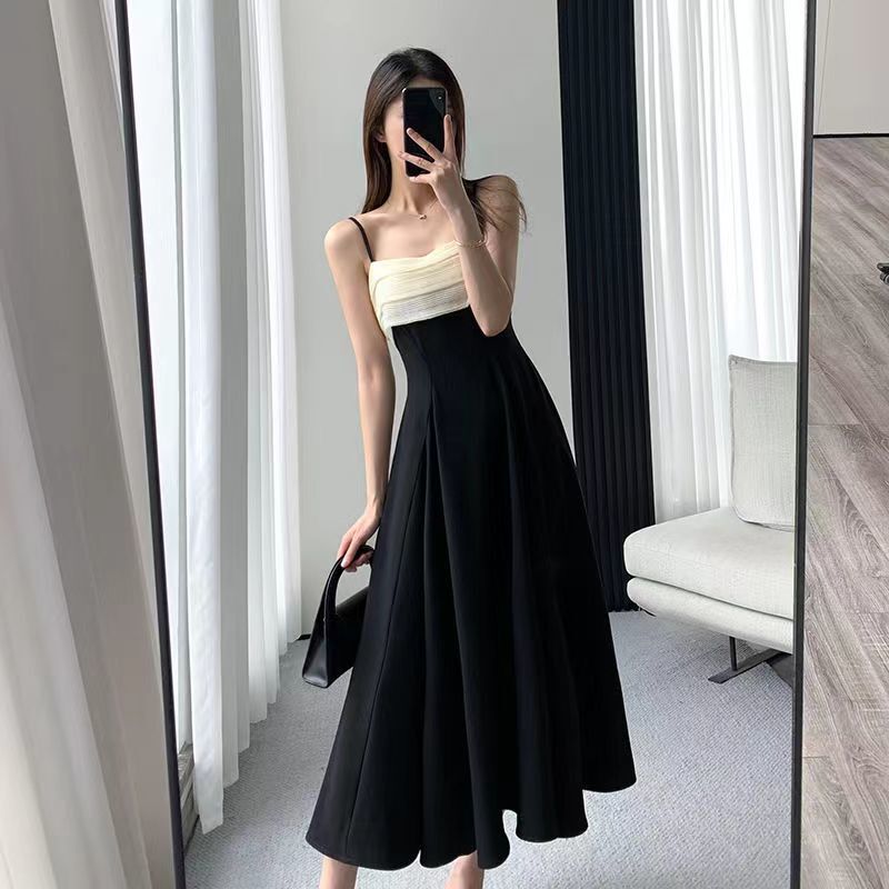 أسود خياطة المألوف ومثير فستان سوسبندر للنساء 2023 صيف جديد حزام نمط الحد من العمر فستان طويل تنورة