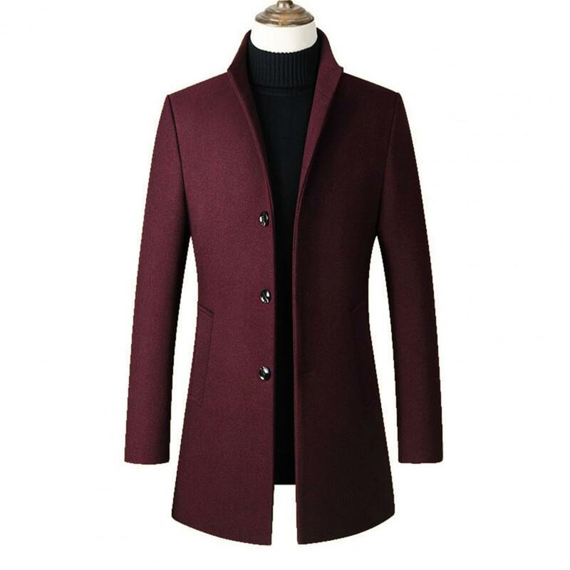 مستقيم أحادية اللون خندق معطف للرجال ، الوقوف طوق ، واحدة الصدر سترة ، طويلة الأكمام سترة ، سميكة Warm ، ملابس خارجية غير رسمية