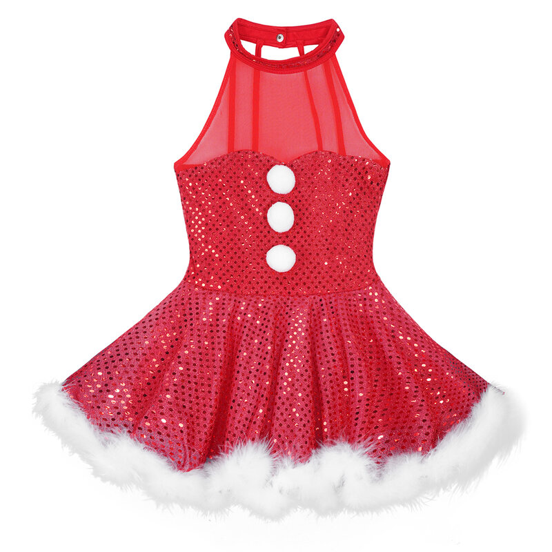 فستان توتو للتزلج على الجليد مزين بشبكة بدون أكمام مزين بالترتر اللامع لحفلات الراقصة على شكل ثلج كريسماس للفتيات والأطفال