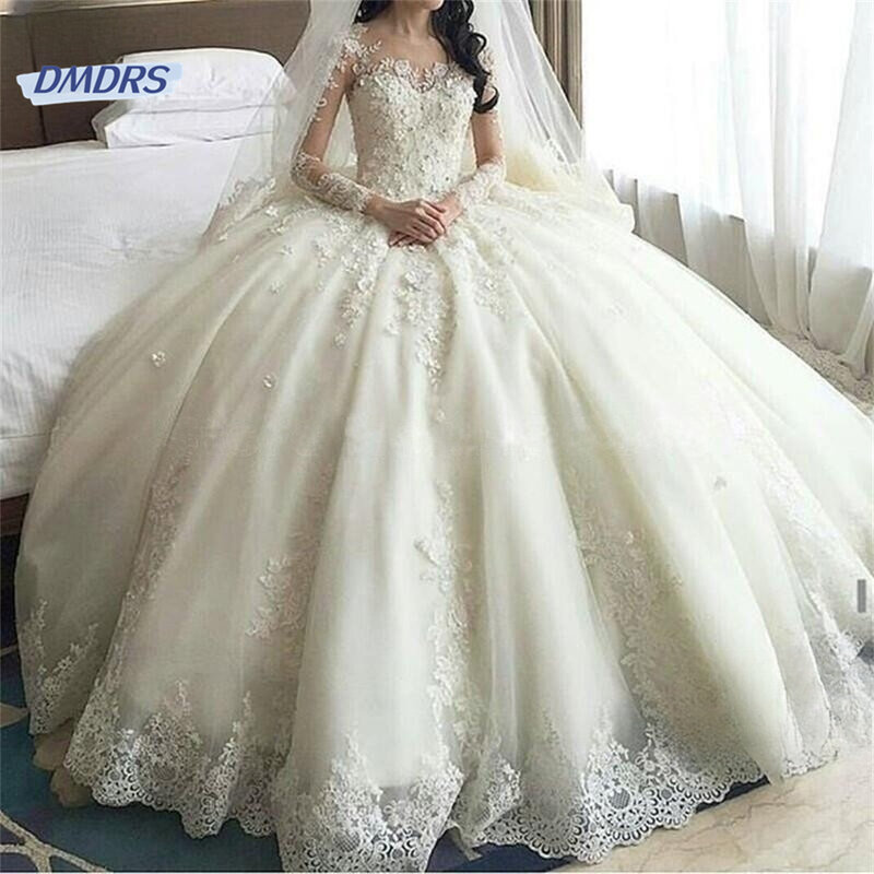 س الرقبة الدانتيل فستان الزفاف مع يزين ، كم طويل ، طول الكلمة ، ثوب الزفاف أنيقة ، رومانسية ورشيقة