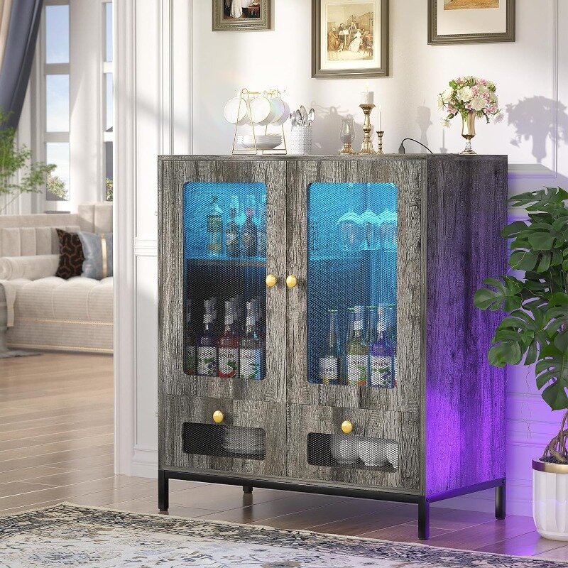 خزانة بوفيه جانبية مع أدراج ، خزانة بار النبيذ مع منفذ الطاقة ، ضوء LED ، تخزين المطبخ