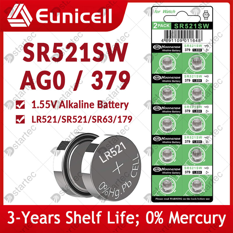 Eunicell 10 قطعة-50 قطعة LR521 AG0 زر بطاريات SR521SW 379A 379 179 D379 SR63 1.5V القلوية عملة الخليوي الفضة OxideWatch البطارية