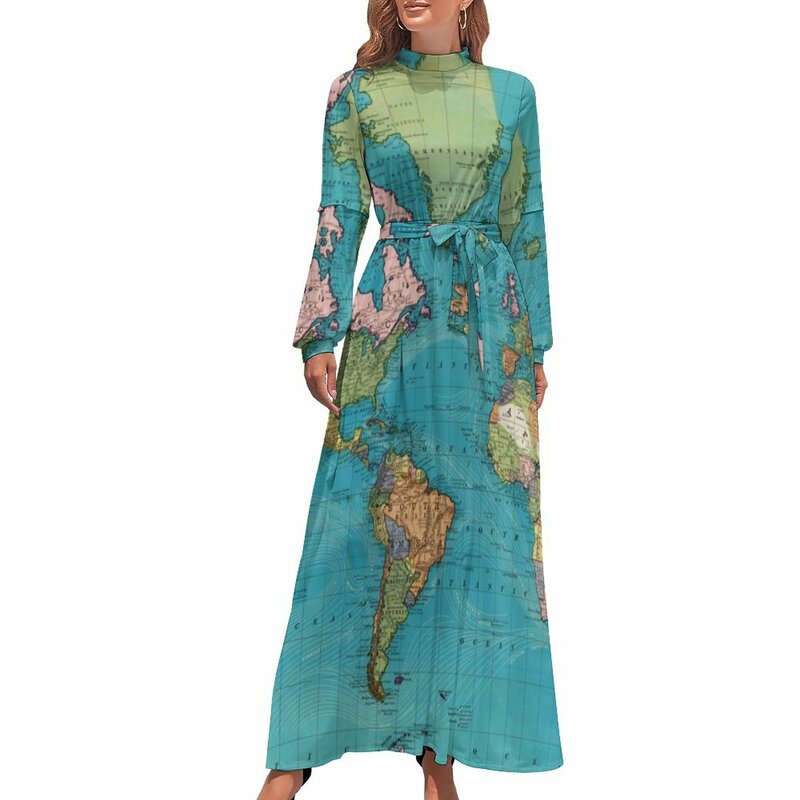 فستان بتصميم خريطة عتيق مطبوع على العالم لعام 1897 فساتين بوهيمية أنيقة للسيدات بأكمام طويلة وخصر عالي فستان طويل أنيق