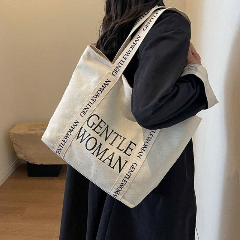 حقيبة تسوق قماشية أحادية اللون للنساء ، حقيبة يد مع نمط الحروف ، الموضة